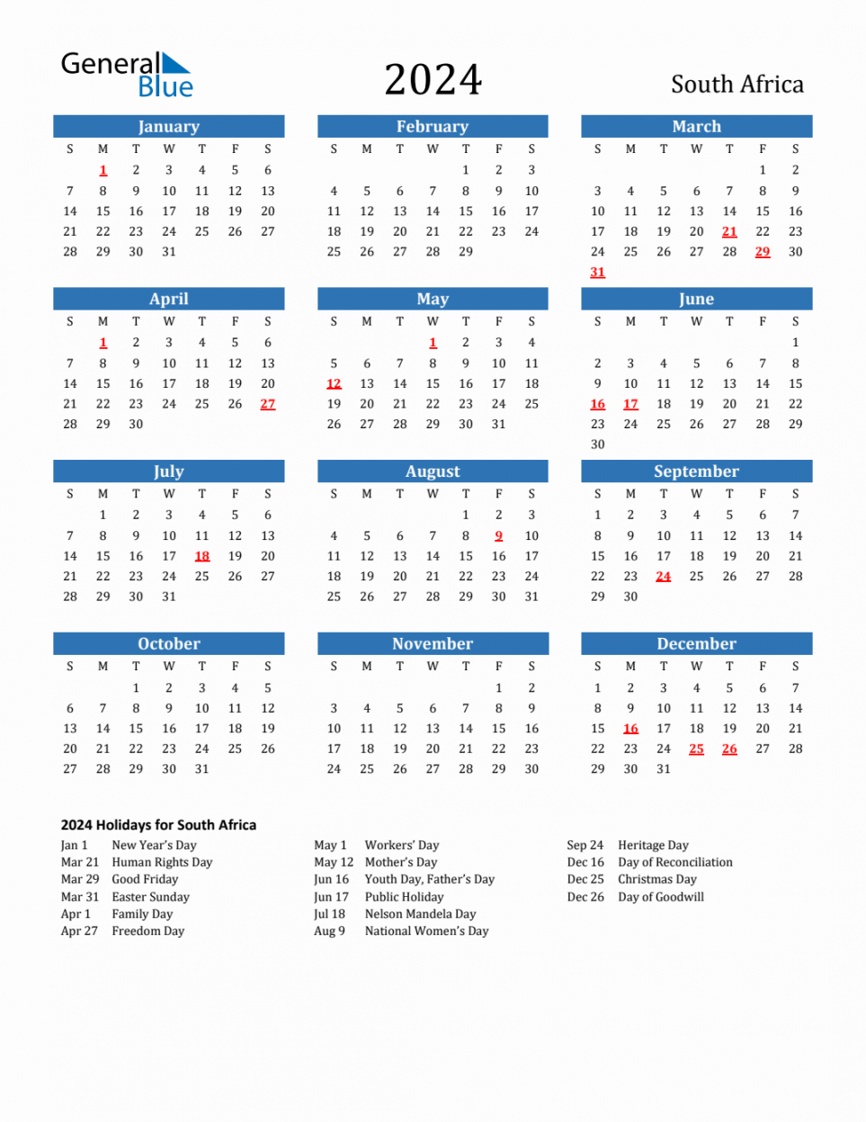 South Africa Calendar with Holidays