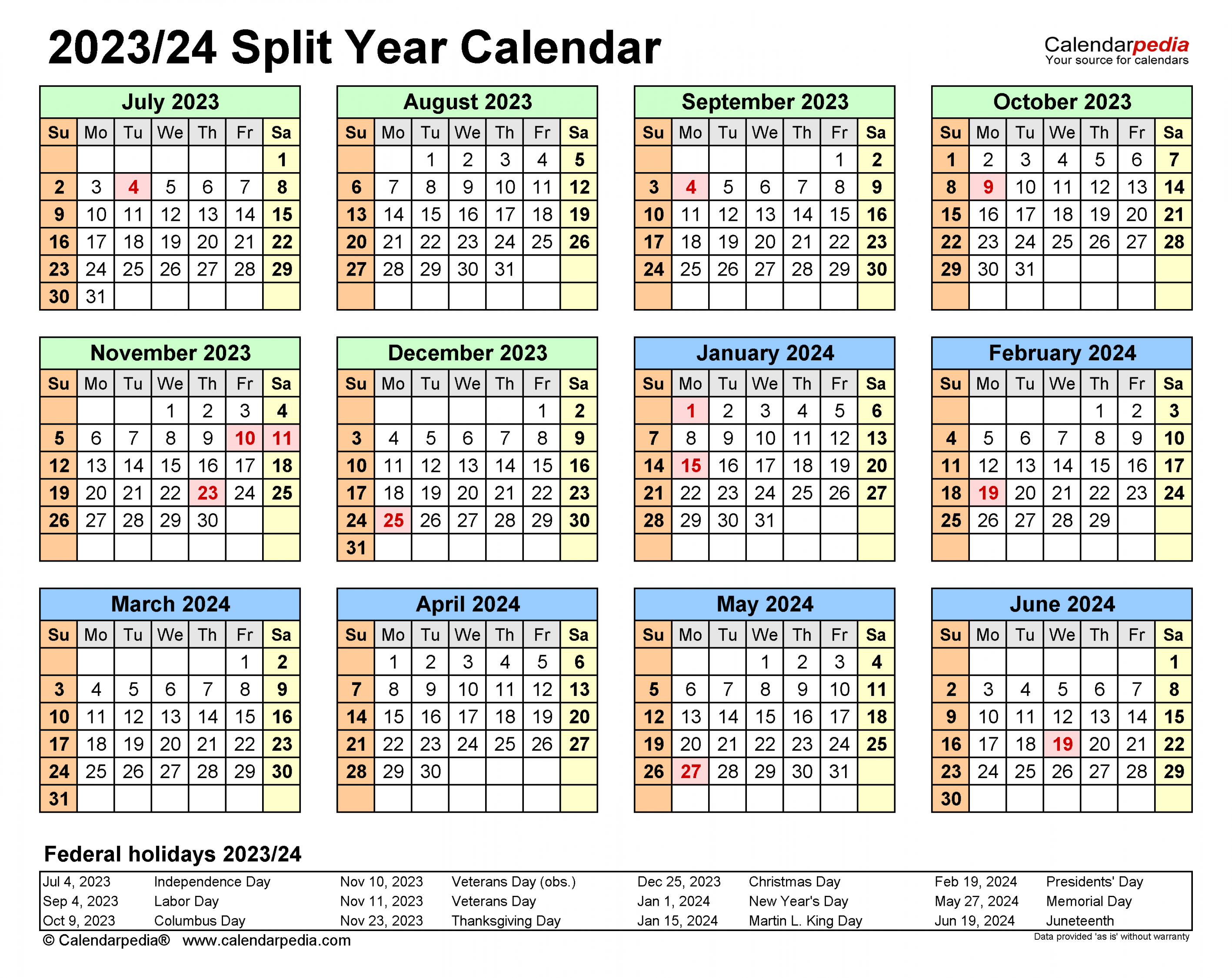 Split Year Calendars / (July to June) PDF templates