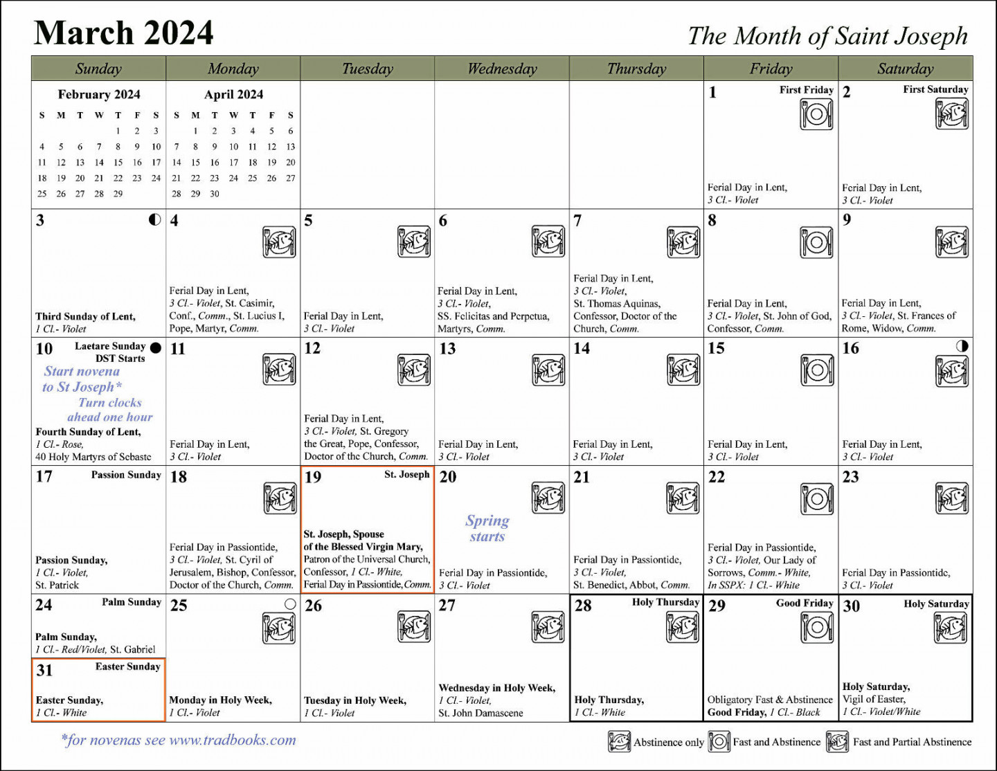 Traditional Catholic Calendar: Sacramentals; saints, fasts, feasts COLOR