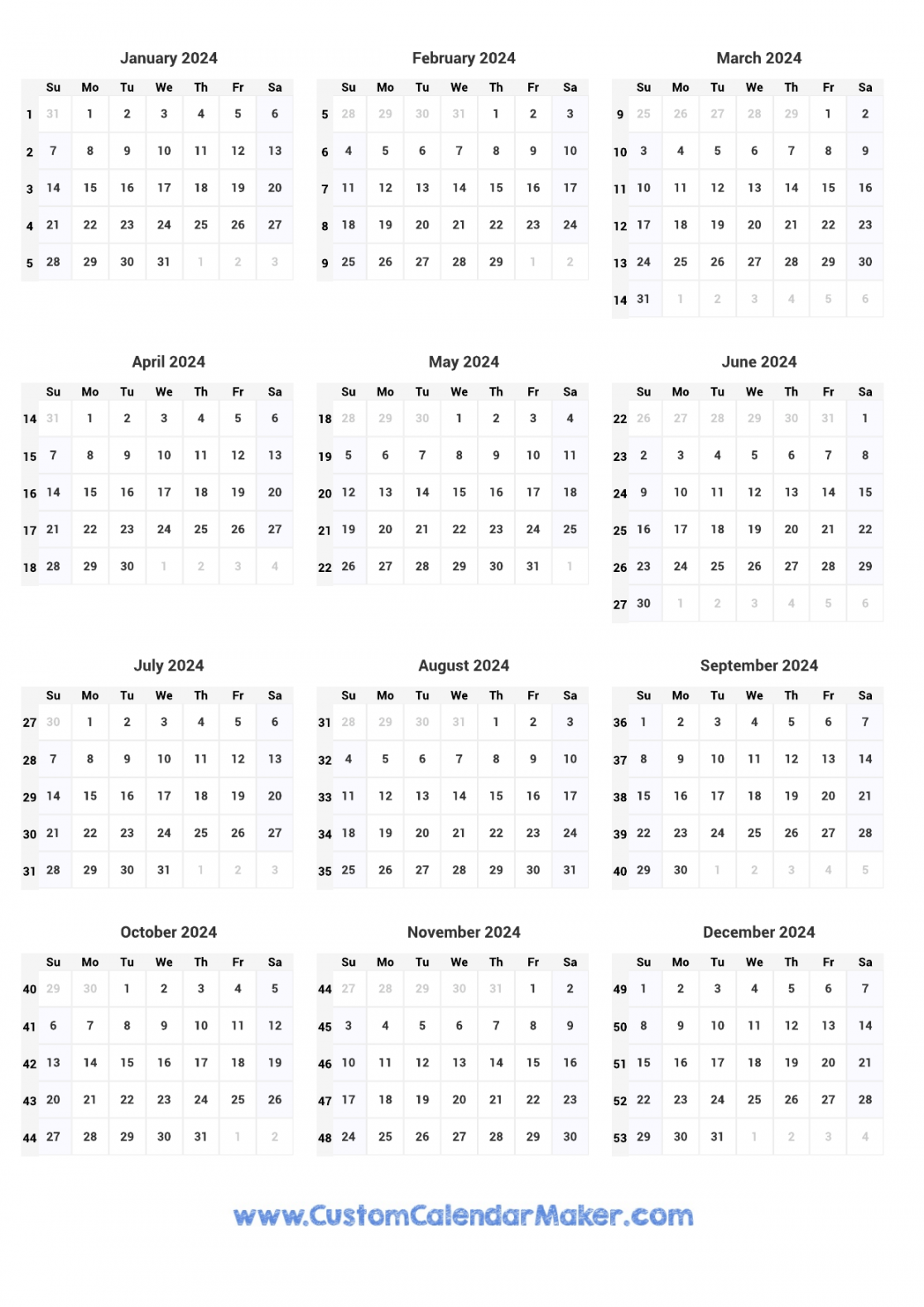 Calendar with Week Numbers