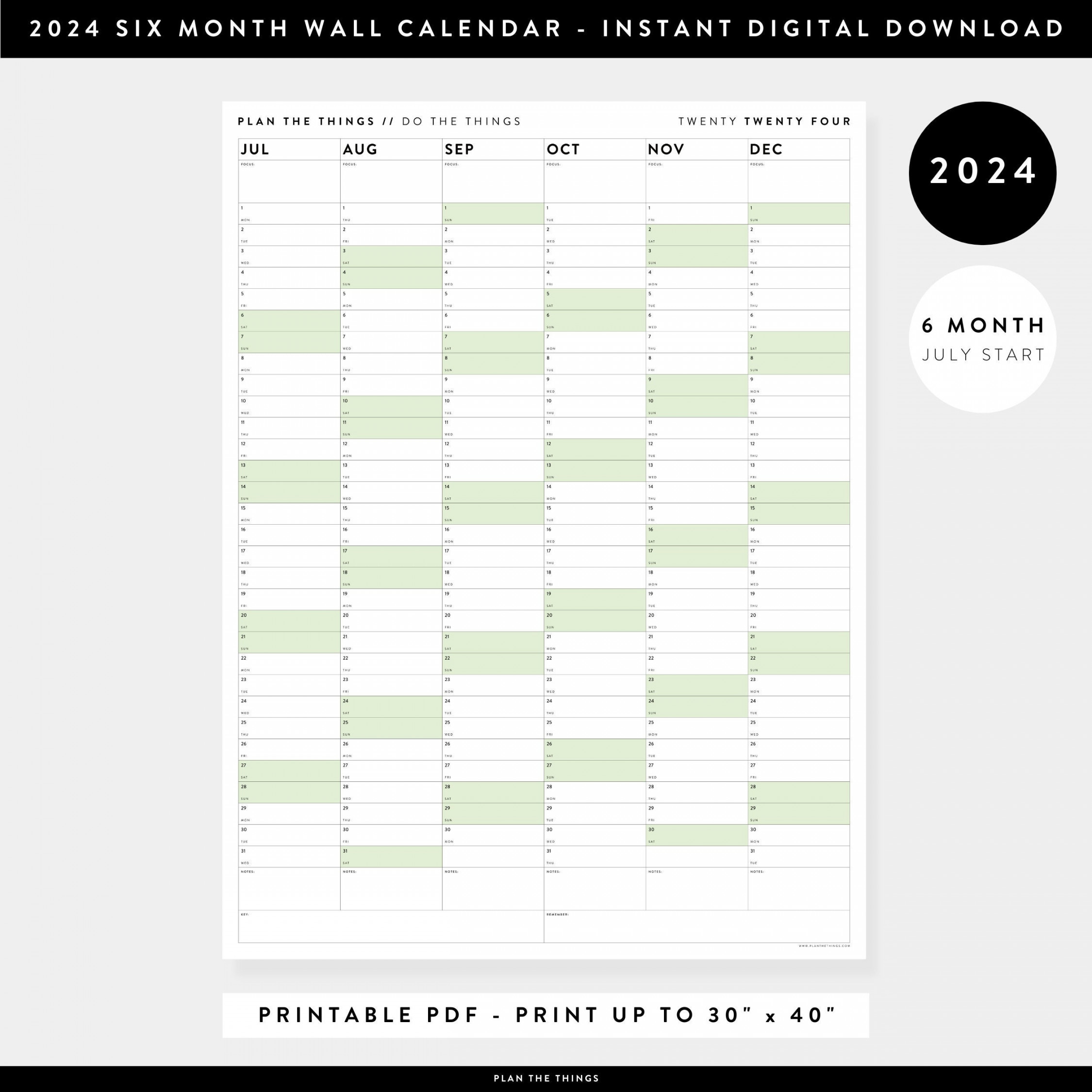 PRINTABLE Six Month Giant Wall Calendar July December PDF