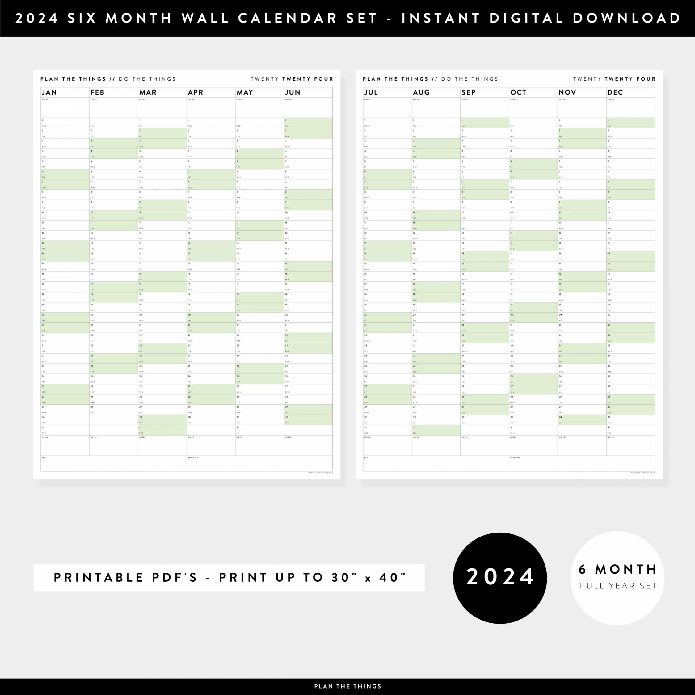 PRINTABLE SIX MONTH WALL CALENDAR SET WITH GREEN WEEKENDS