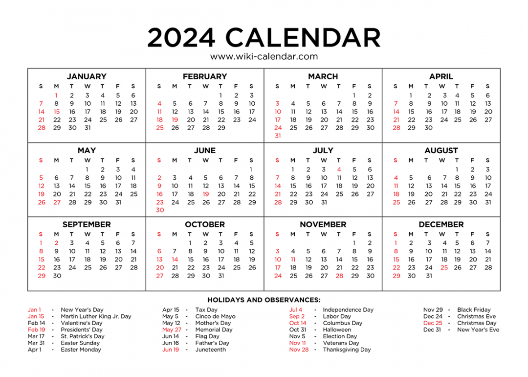 Year Calendar Printable with Holidays Wiki Calendar