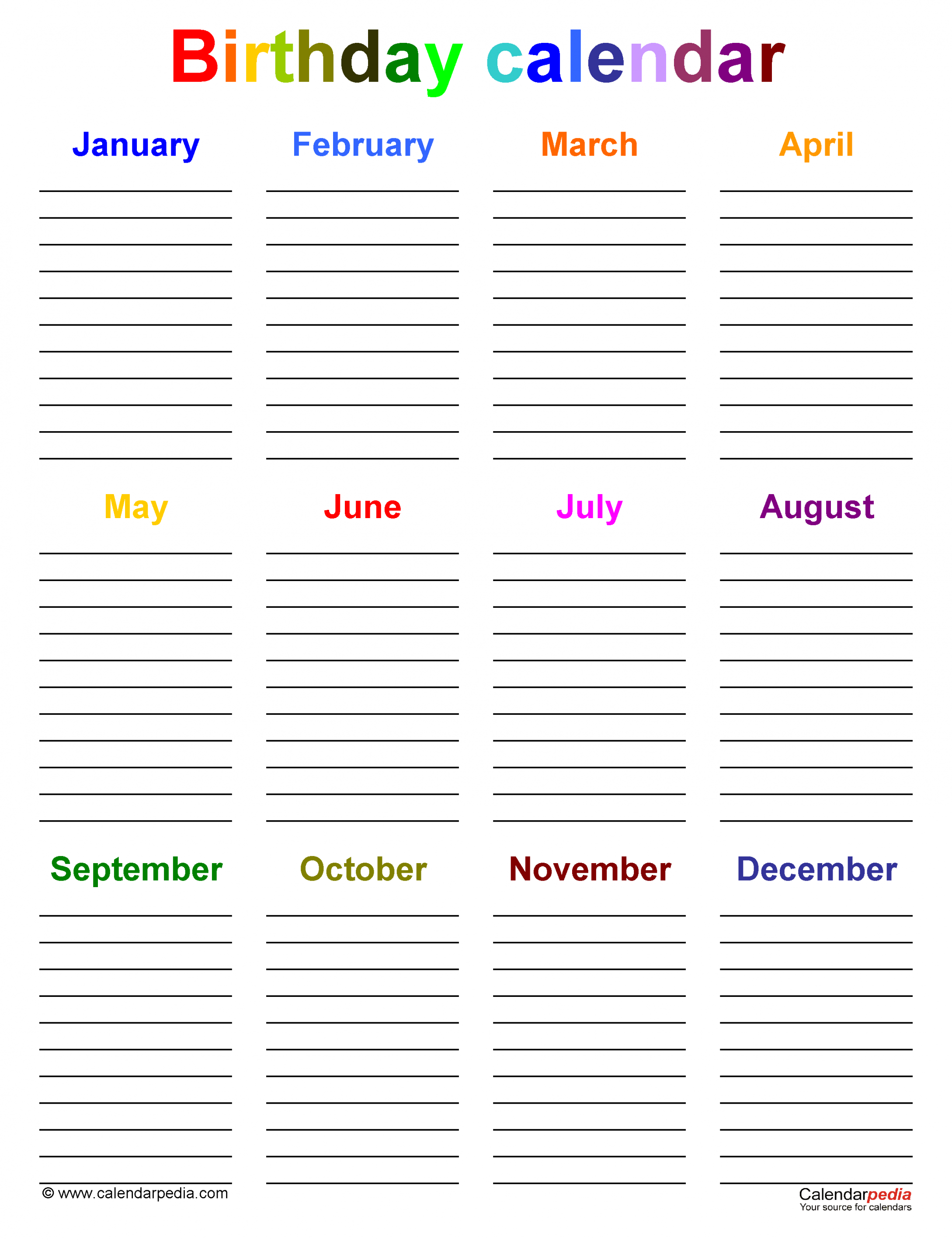 Birthday calendars Free Printable PDF templates