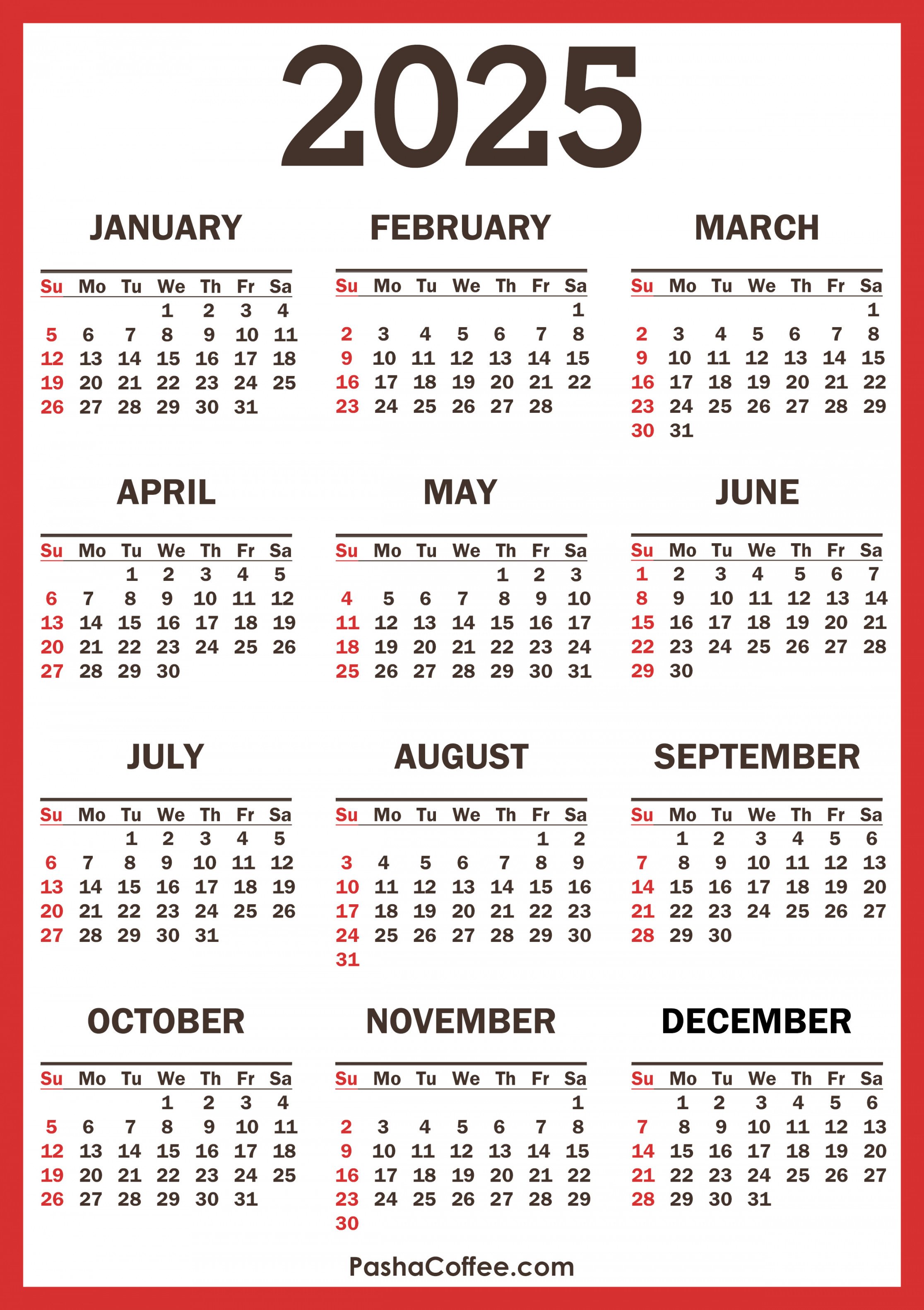 Calendar with Holidays, Printable Free, Vertical, Red
