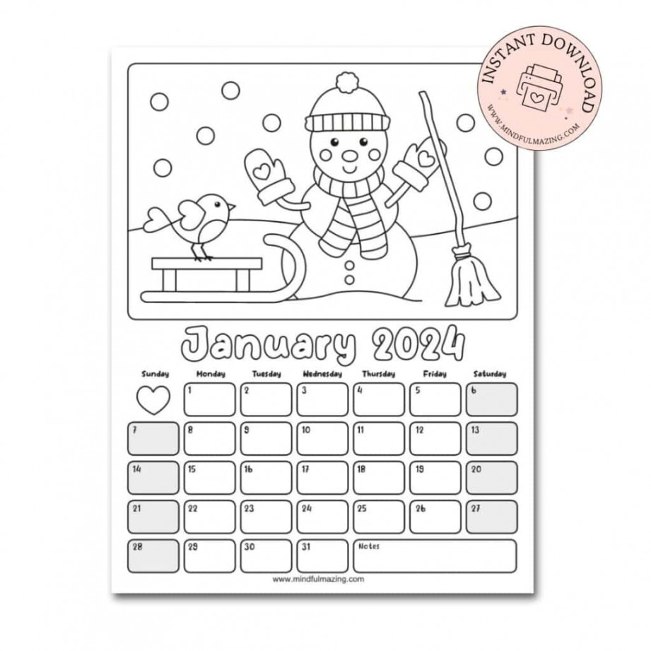 Free Printable Coloring Calendar for Kids in • Mindfulmazing