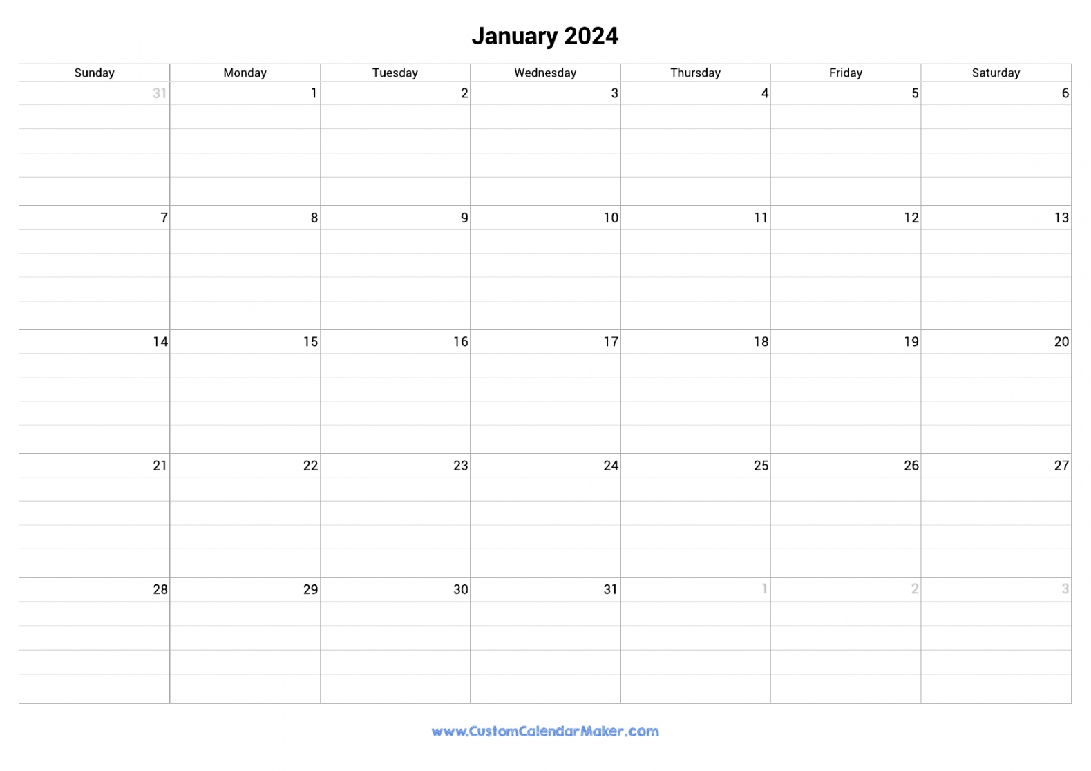 January Fillable Calendar Grid With Lines