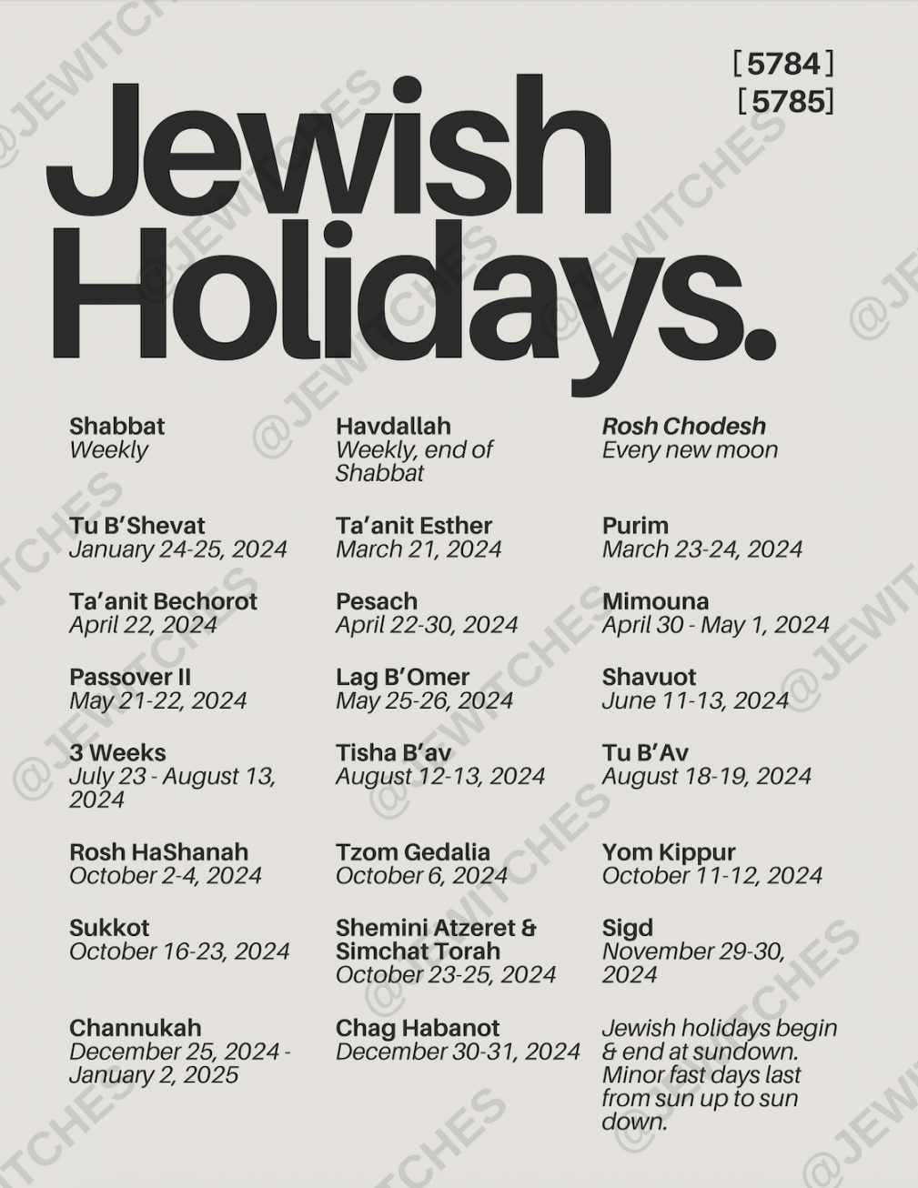 Modern Jewish Holiday Calendar Digital Download