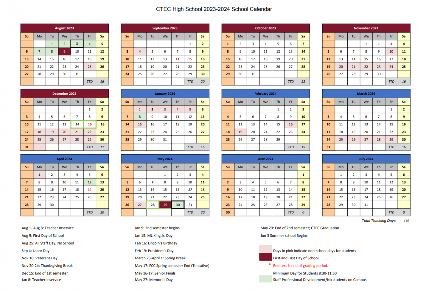 Yearly Calendar Career Technical Education Charter High School