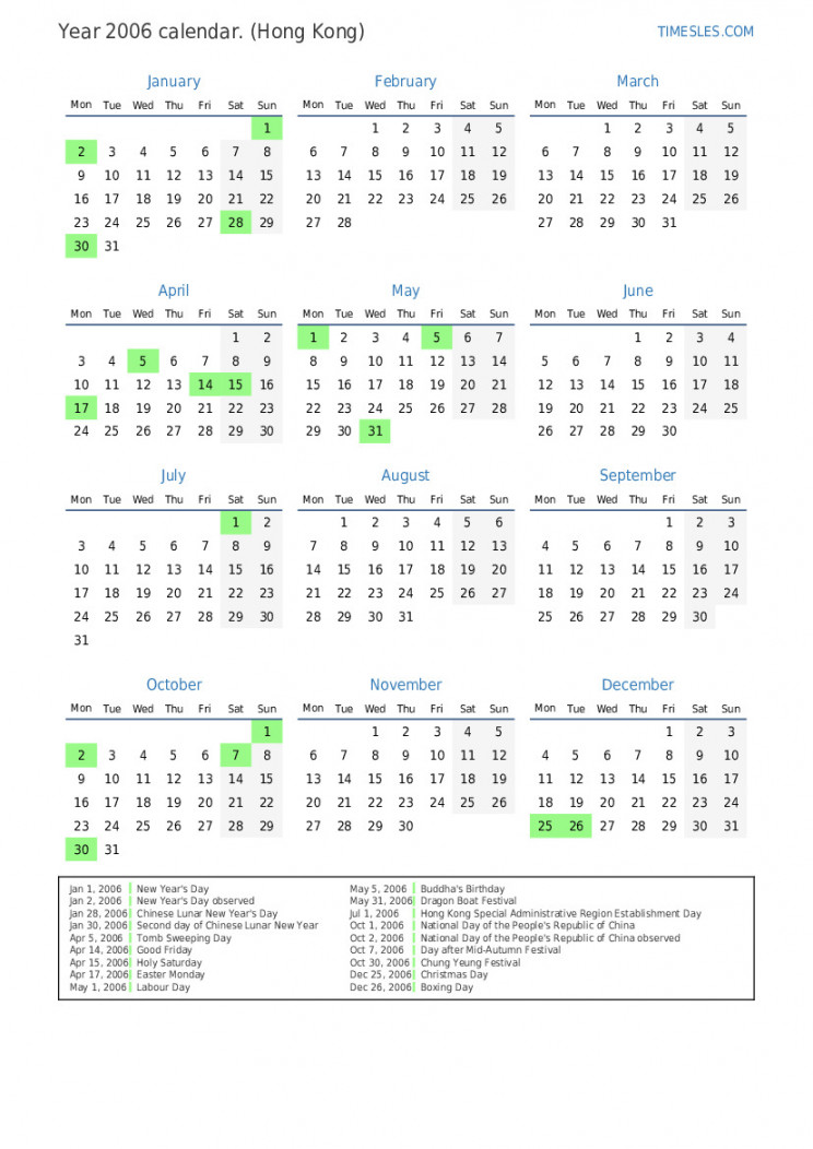 Calendar for with holidays in Hong Kong Print and download