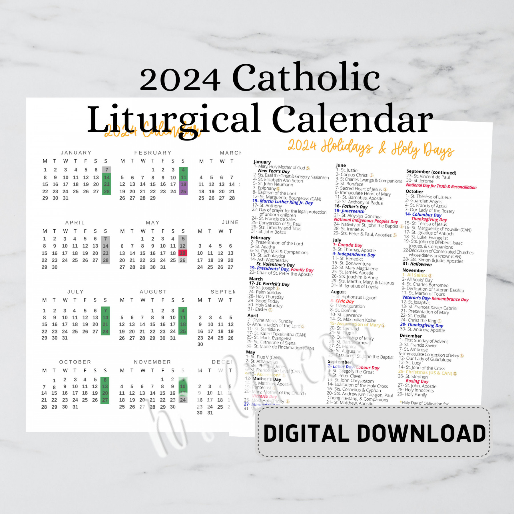 Catholic Calendar DIGITAL DOWNLOAD Etsy