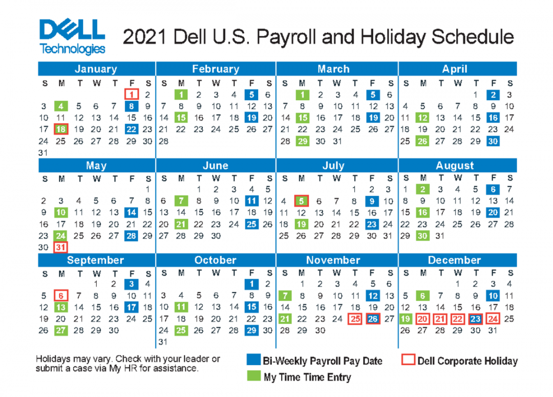 Dell Digital Calendar Holidays may vary