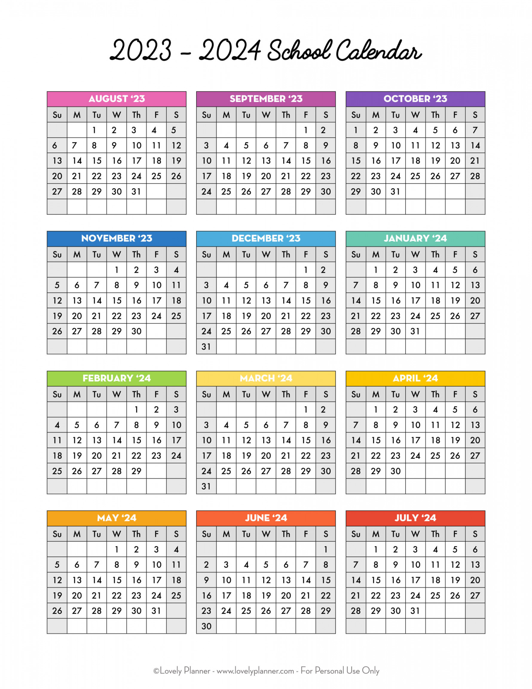 Free Printable School Calendar One Page Academic