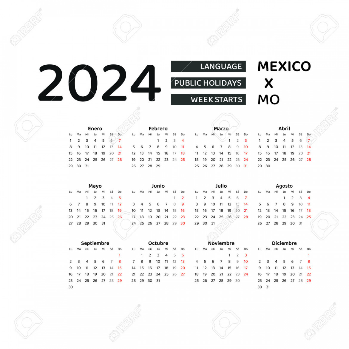 Mexico Calendar . Week Starts From Monday