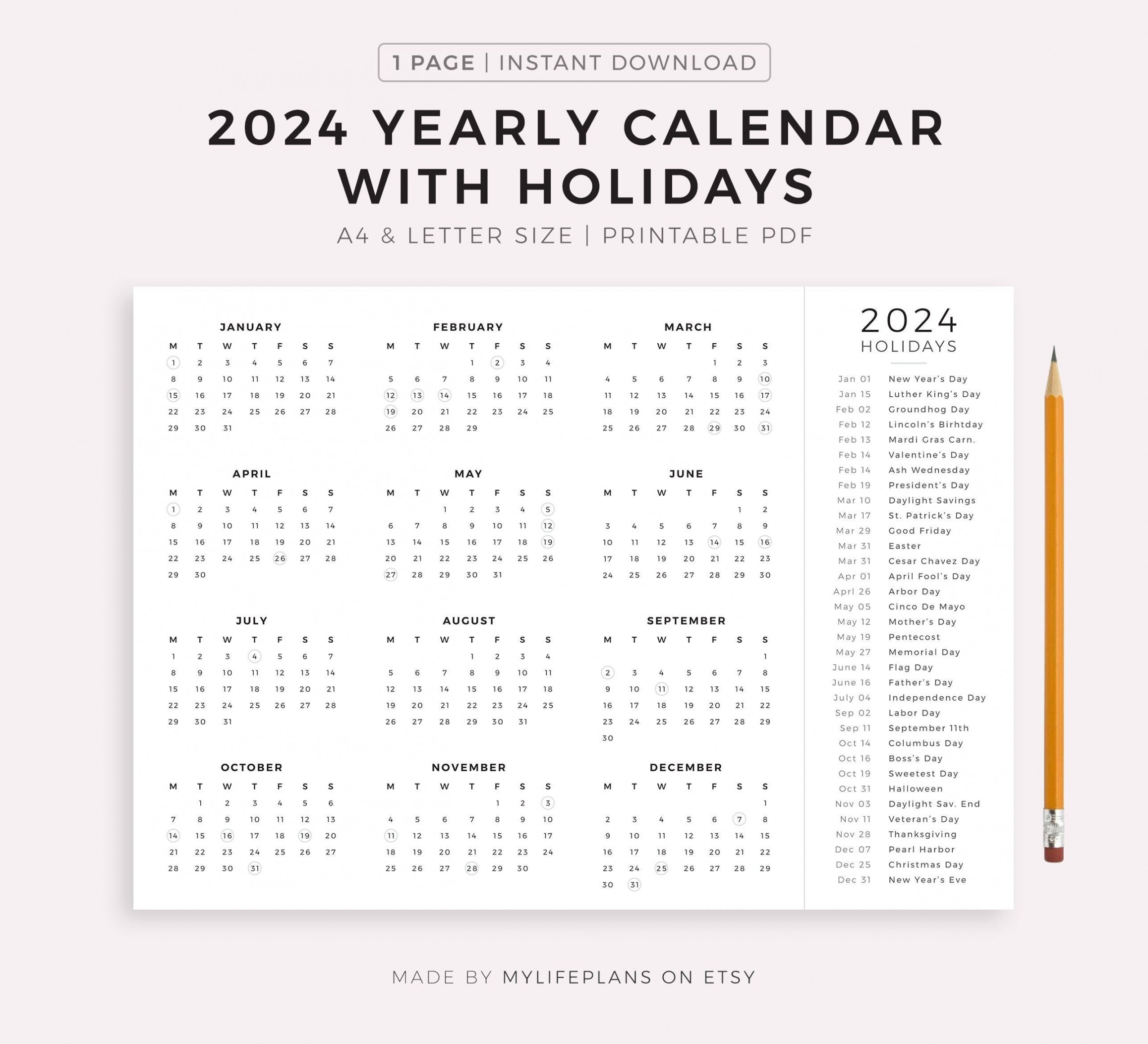 Year Calendar Etsy