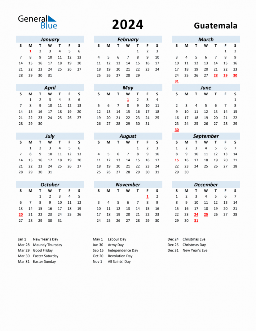 Yearly Calendar for Guatemala with Holidays