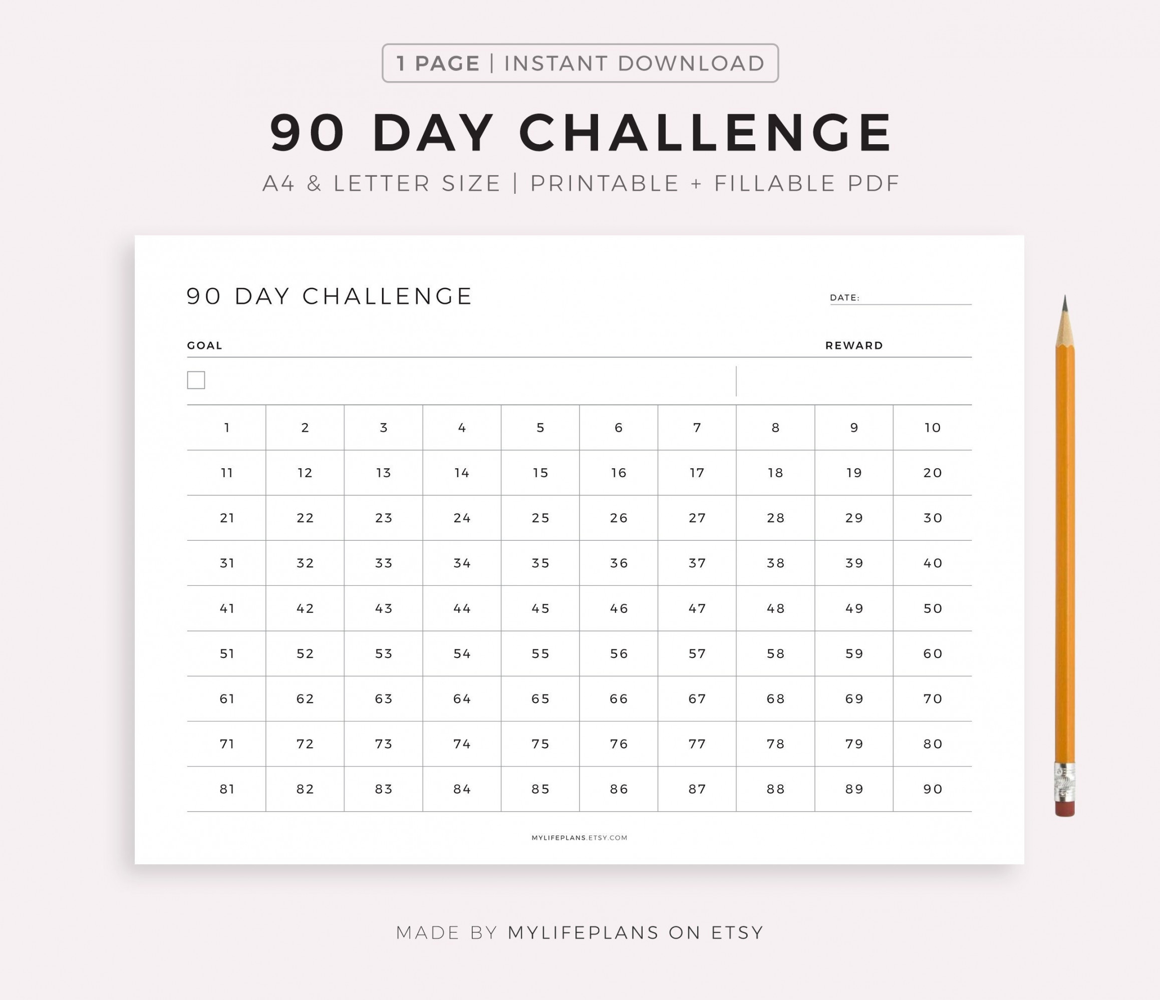 Day Challenge Printable Landscape, Goal Setting, Progress