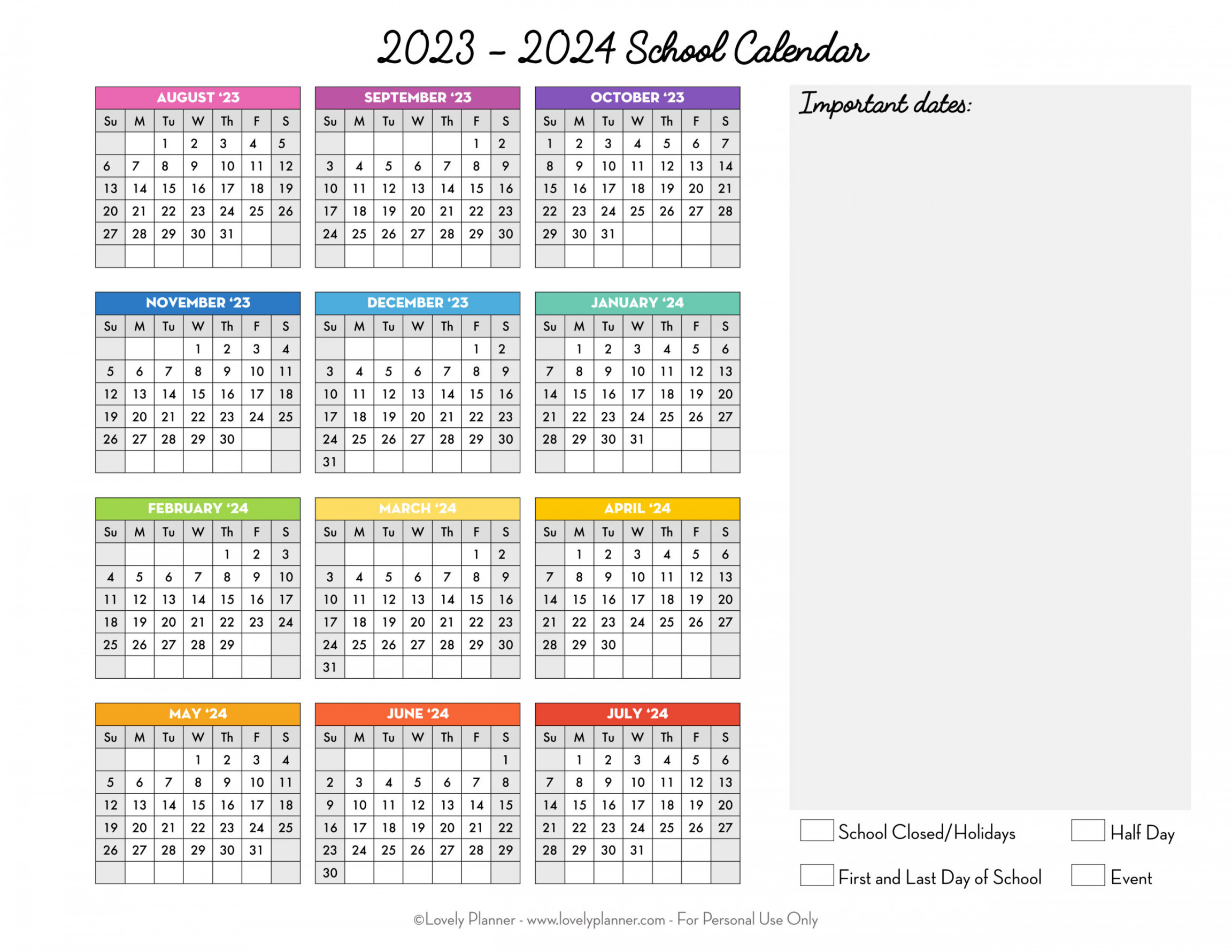 Free Printable School Calendar One Page Academic