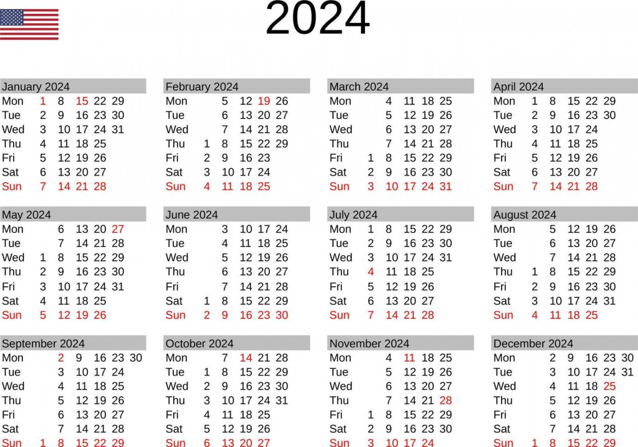year calendar in English with United States holidays