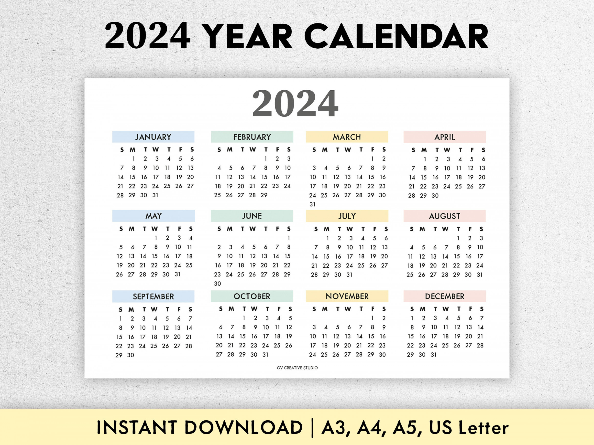 Year Calendar Printable Year at a Glance Digital Download