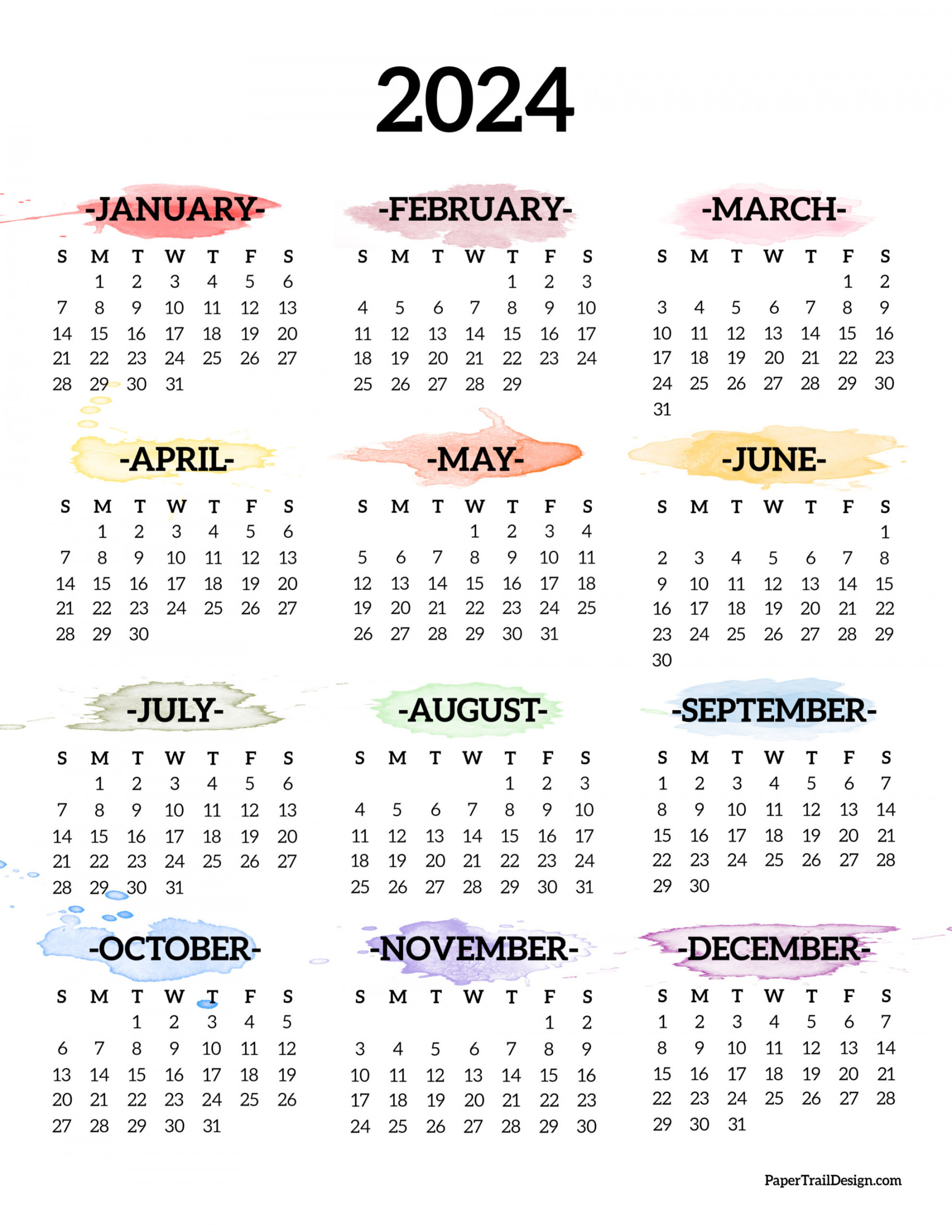 Calendar Printable One Page Paper Trail Design