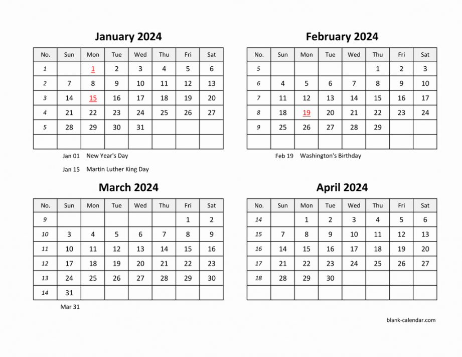 Free Download Excel Calendar four month in landscape format