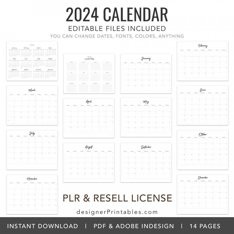 PLR / ReSell Monthly Calendar Printable PDF & Adobe InDesign