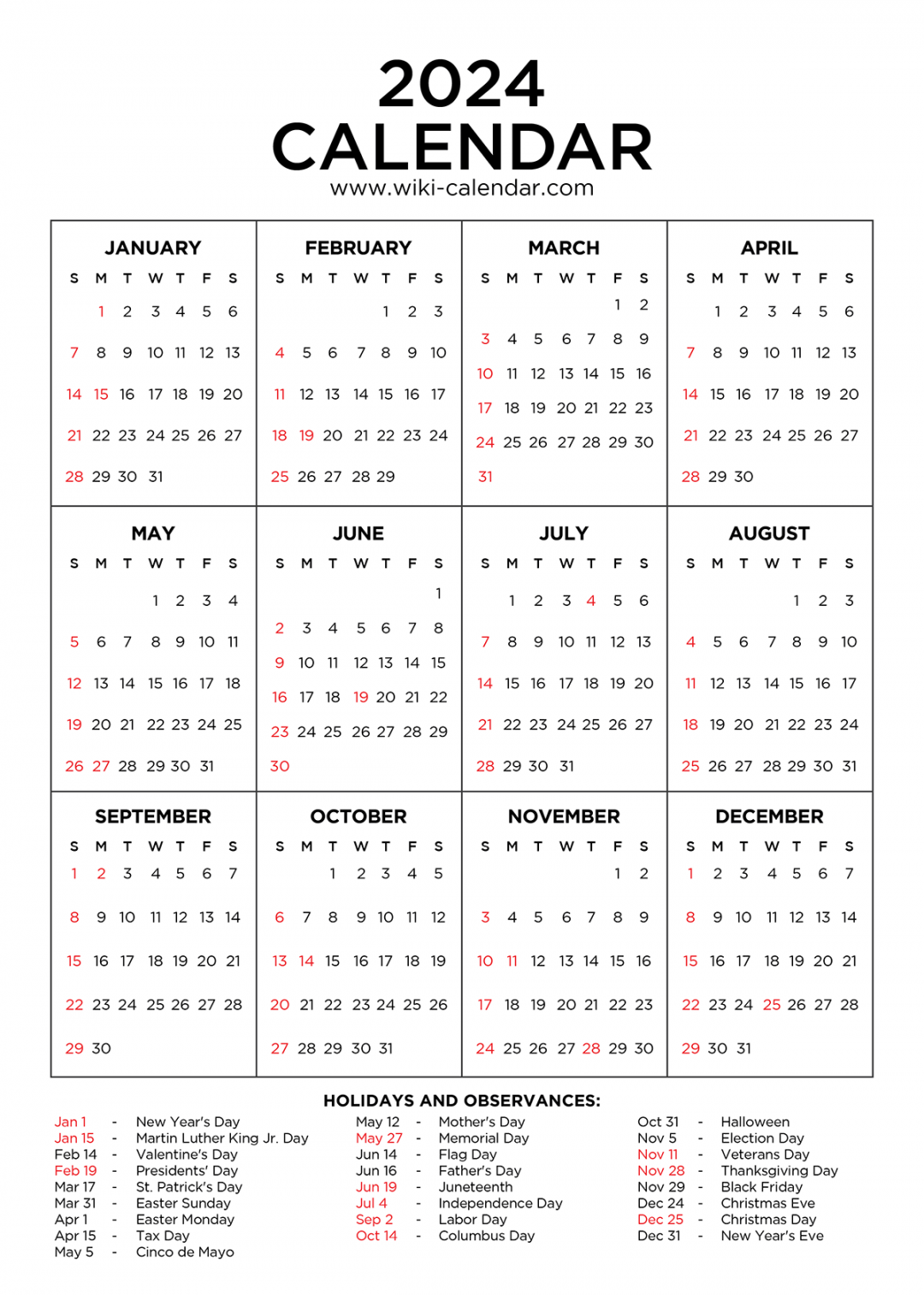 Year Calendar Printable with Holidays Wiki Calendar