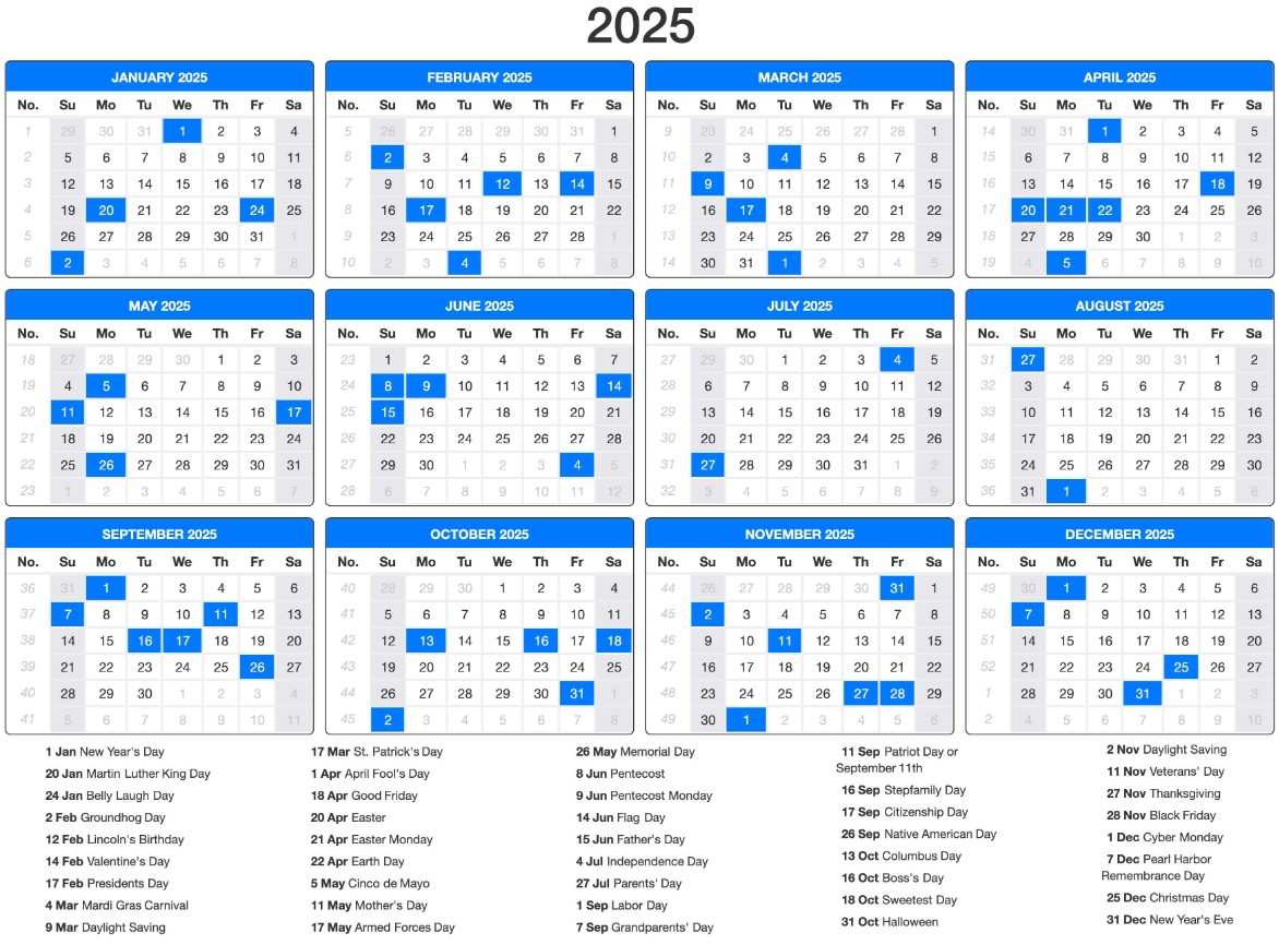 2025 Calendar for Ireland Holidays and Observances