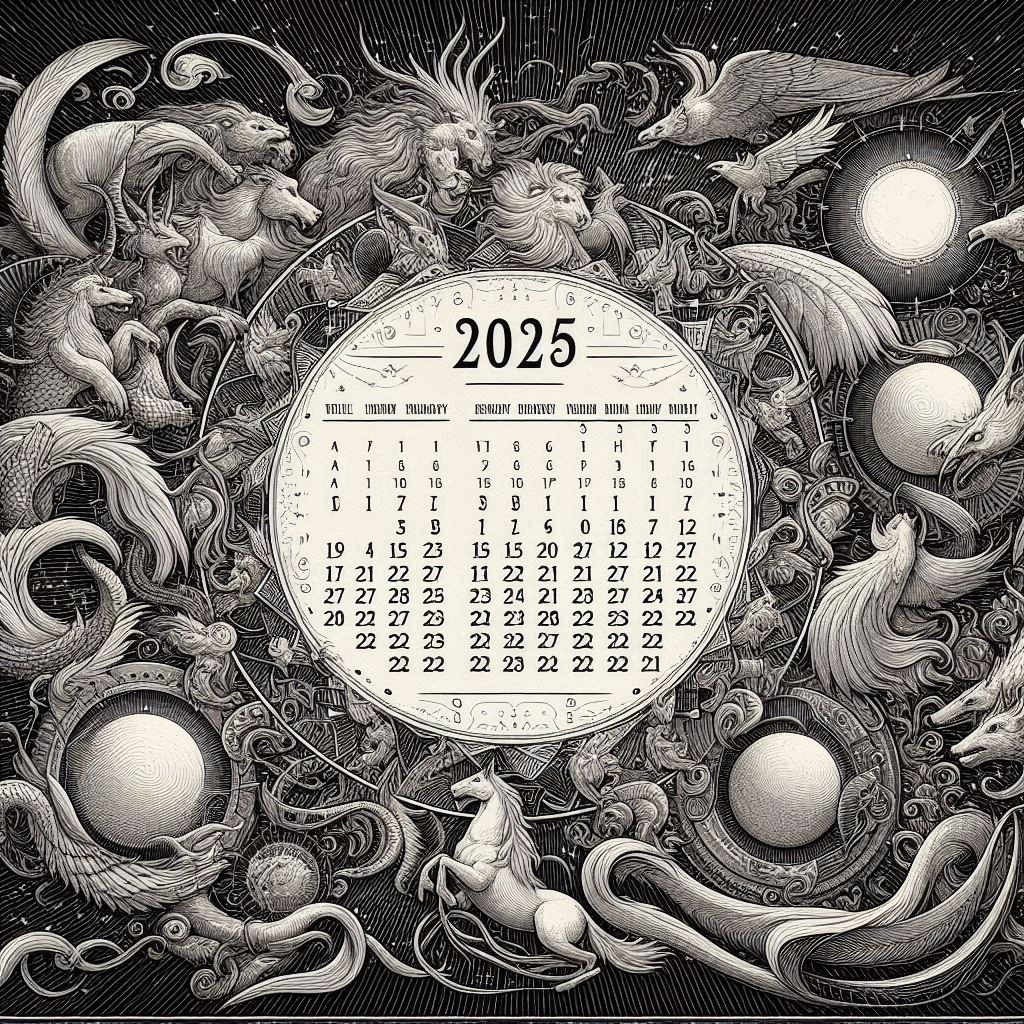 2025 Julian Date Calendar in black and white, Just lines and numbers 2