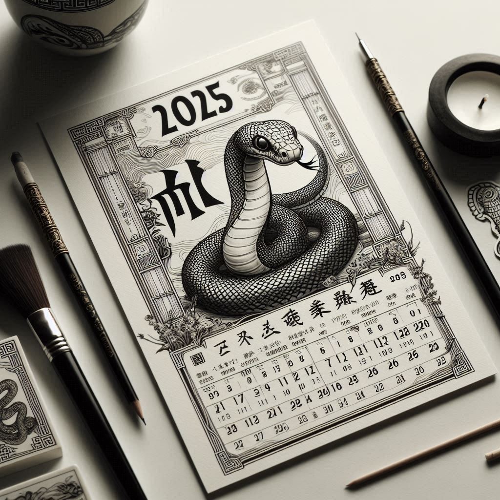 Chinese Calendar 2025 Year of the Snake in paper white and black