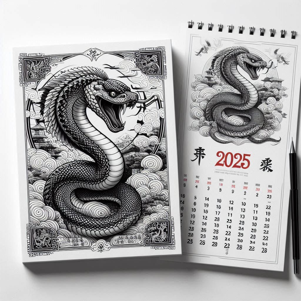 Dragon Chinese Calendar 2025 Year of the Snake in paper white and black