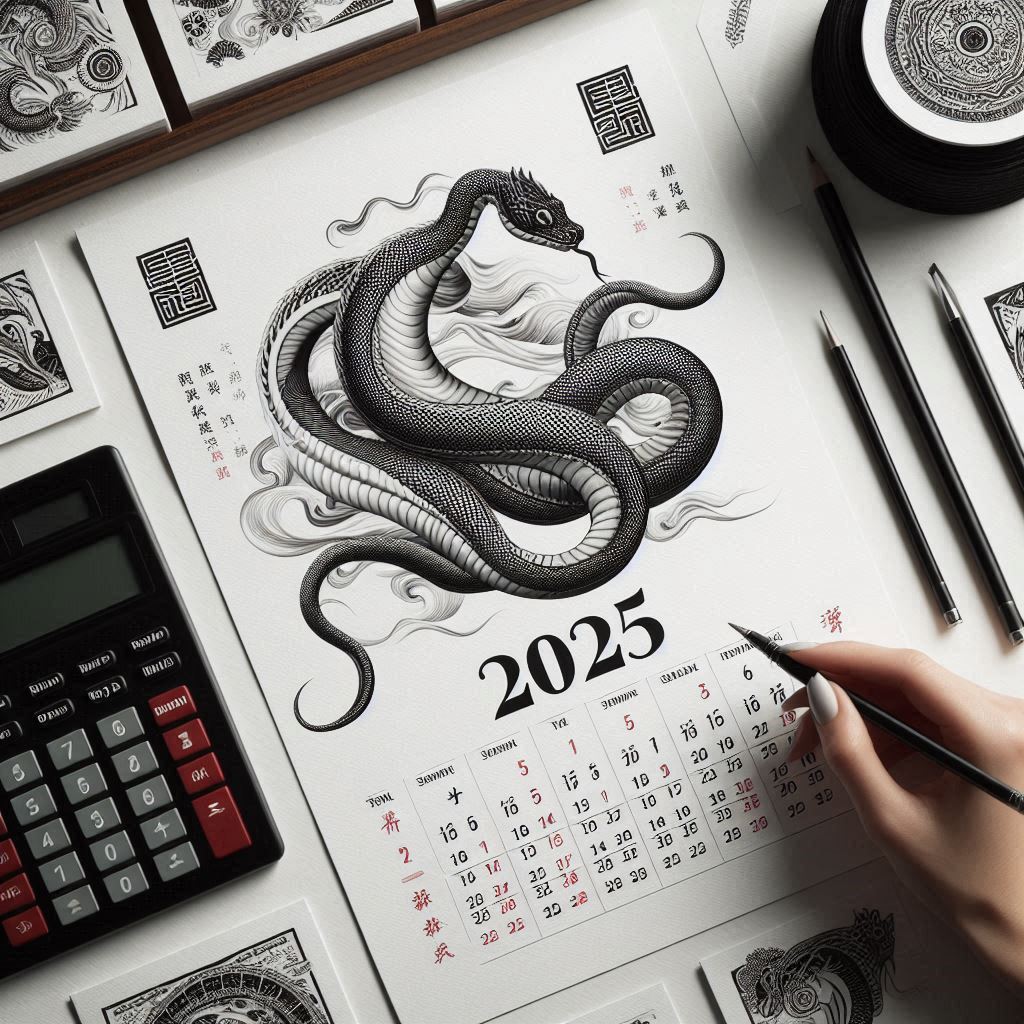 Printable Chinese Calendar 2025 Year of the Snake in paper white and black