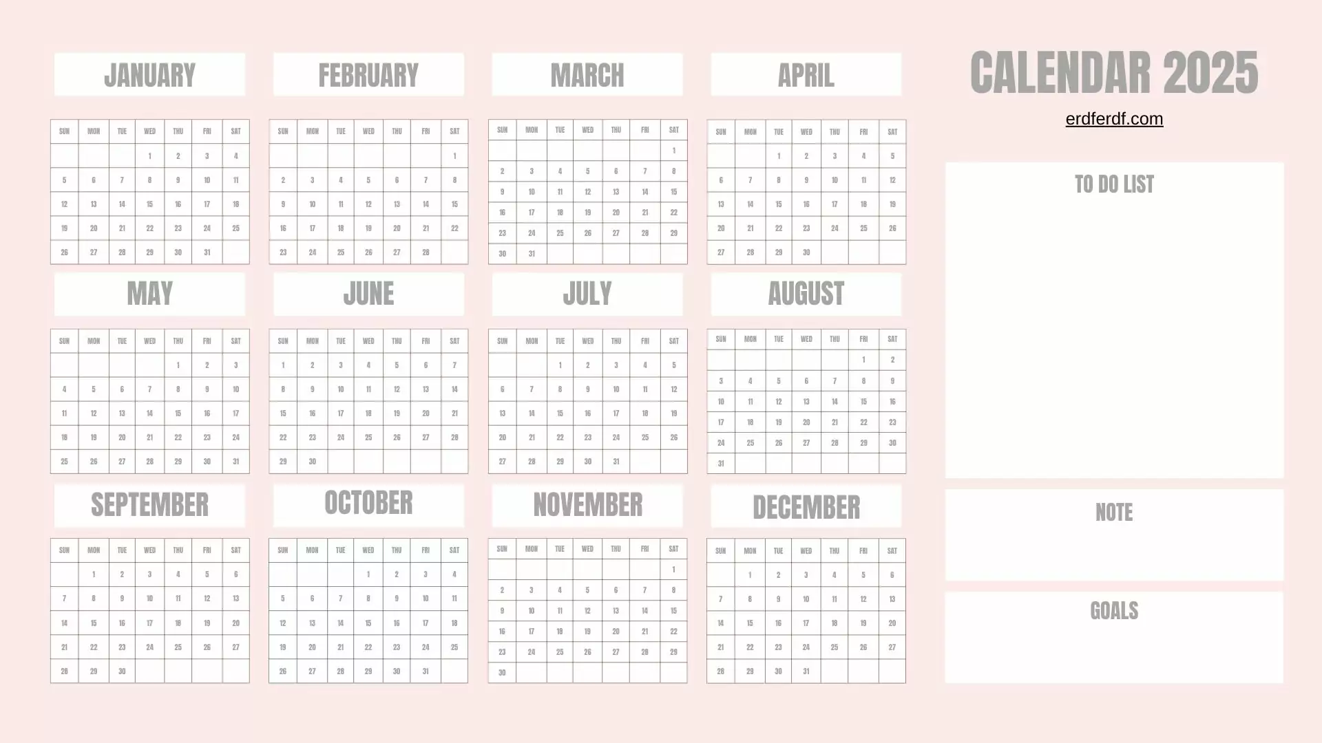 2025 full year calendar with to do list and goal planner printable template