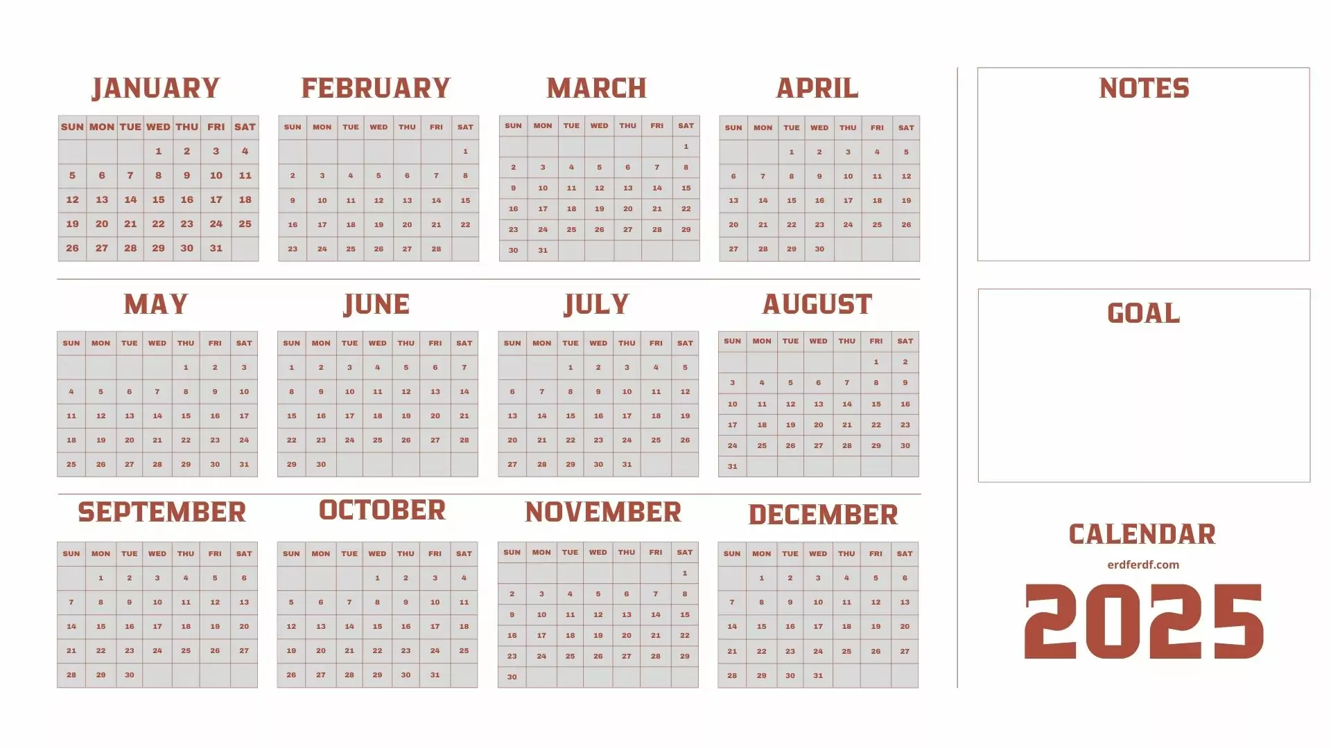 Downloadable 2025 calendar with to do list and goal tracker in PDF and Word format