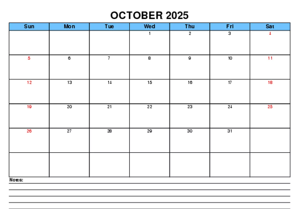 Editable October 2025 calendar printable JPG for home organization with holidays marked