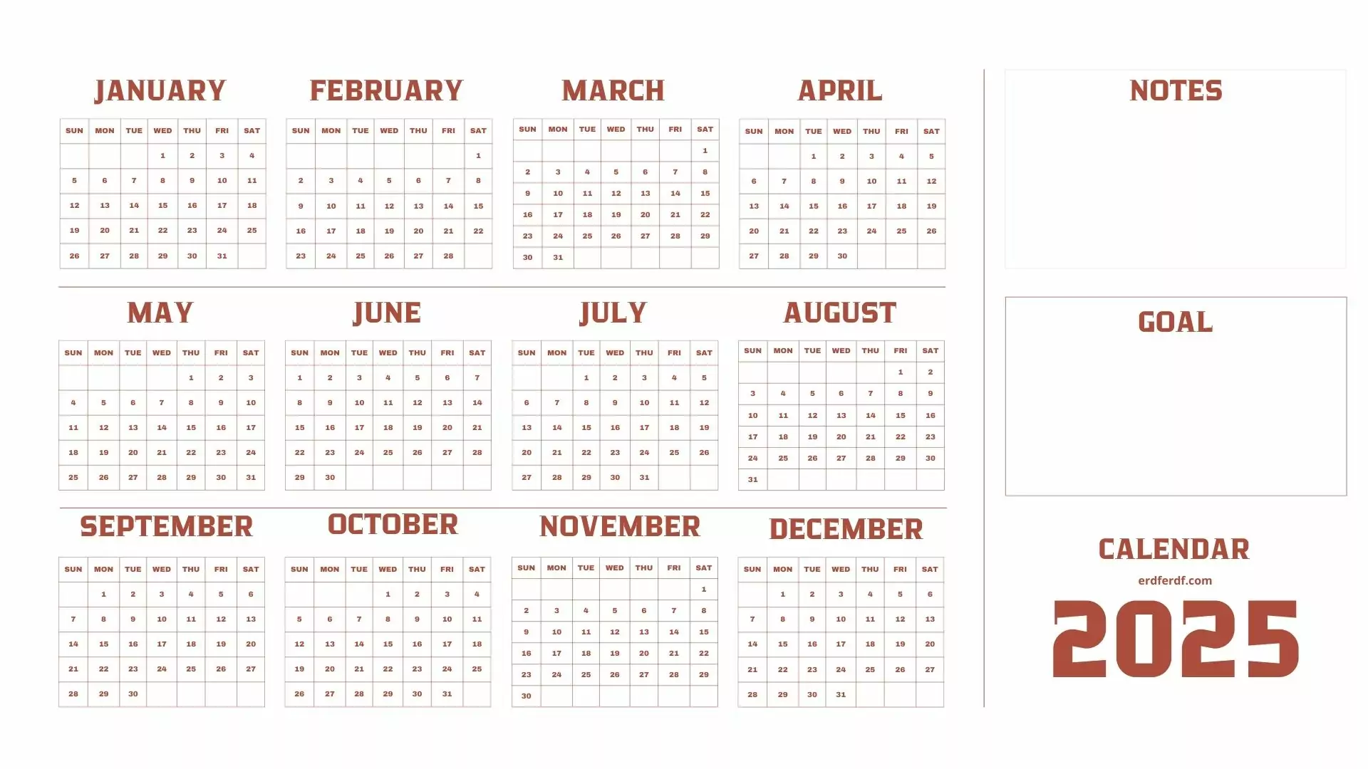Free 2025 full year calendar with to do list and notes printable template