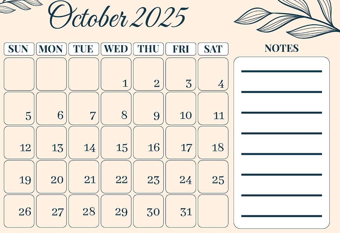 Free October 2025 calendar JPG template with notes and holiday highlights