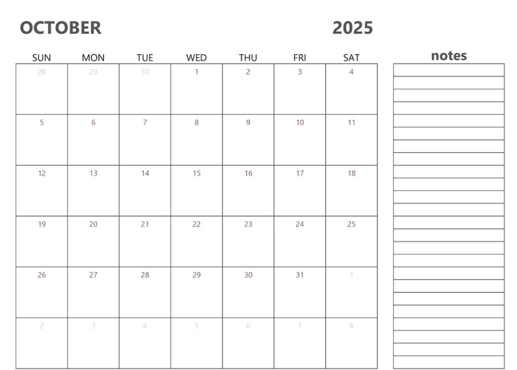 Free October 2025 calendar printable JPG with holidays and notes section for better monthly planning