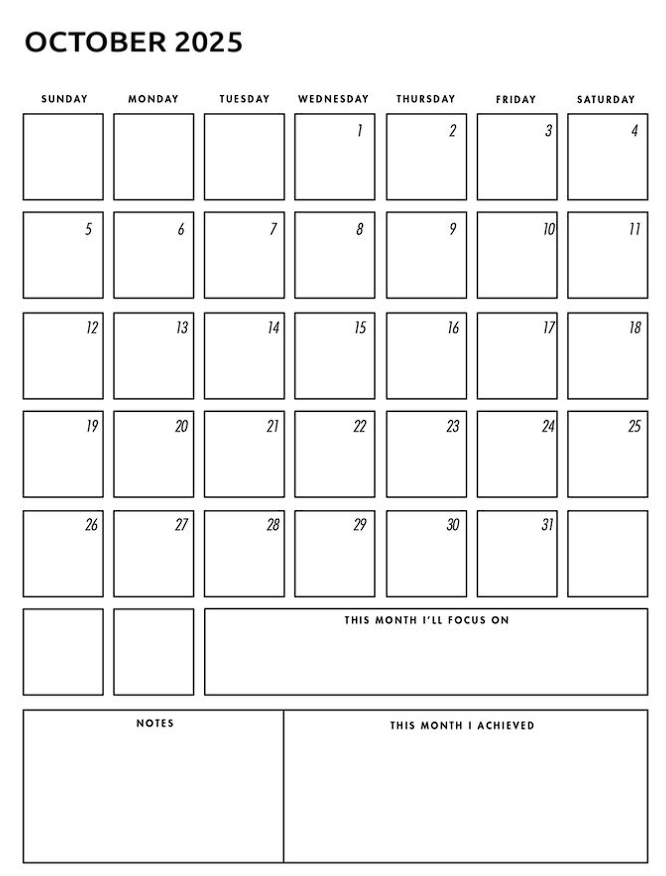 Free October calendar 2025 printable in JPG format for students, professionals, and families
