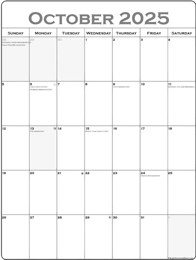 October 2025 Calendar Printable Template in Portrait Format