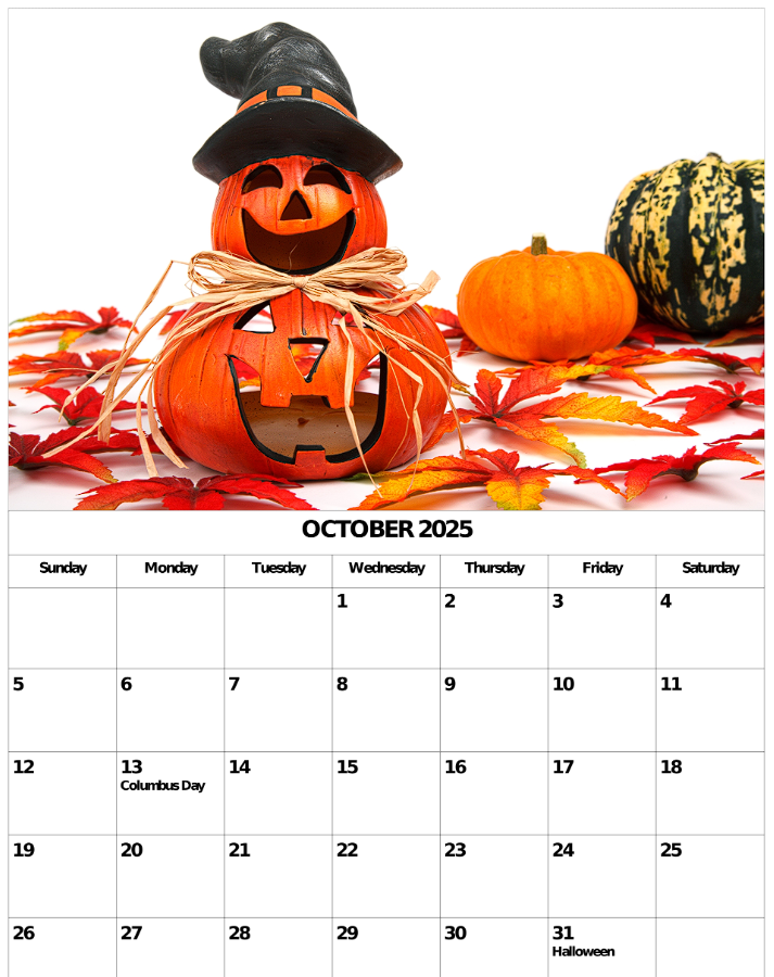October 2025 calendar design JPG template with Columbus Day and Halloween marked