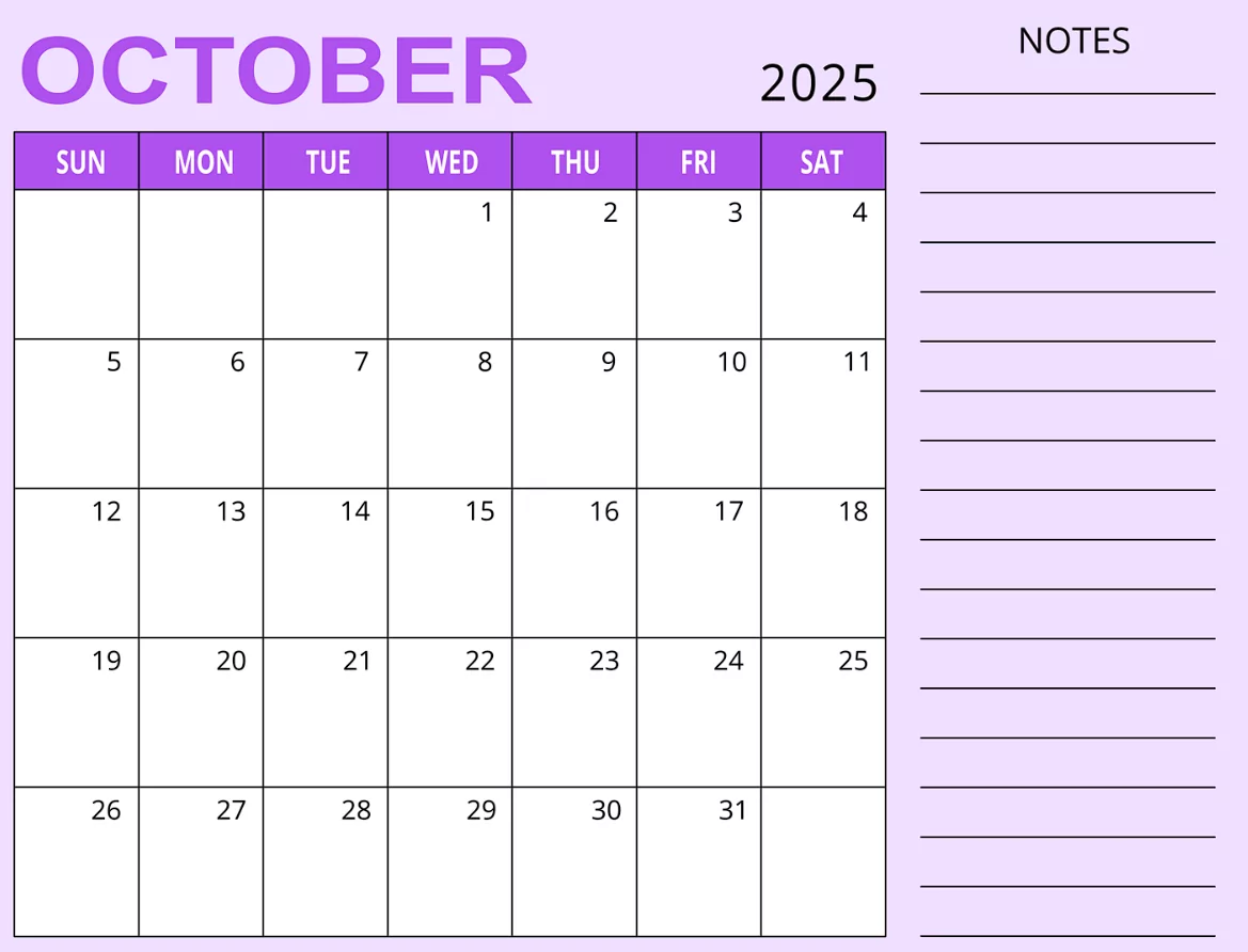 October 2025 editable calendar JPG template for school assignments and exam planning
