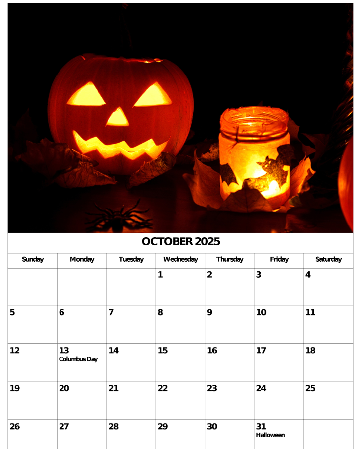 October 2025 monthly planner calendar JPG with Columbus Day and Halloween marked