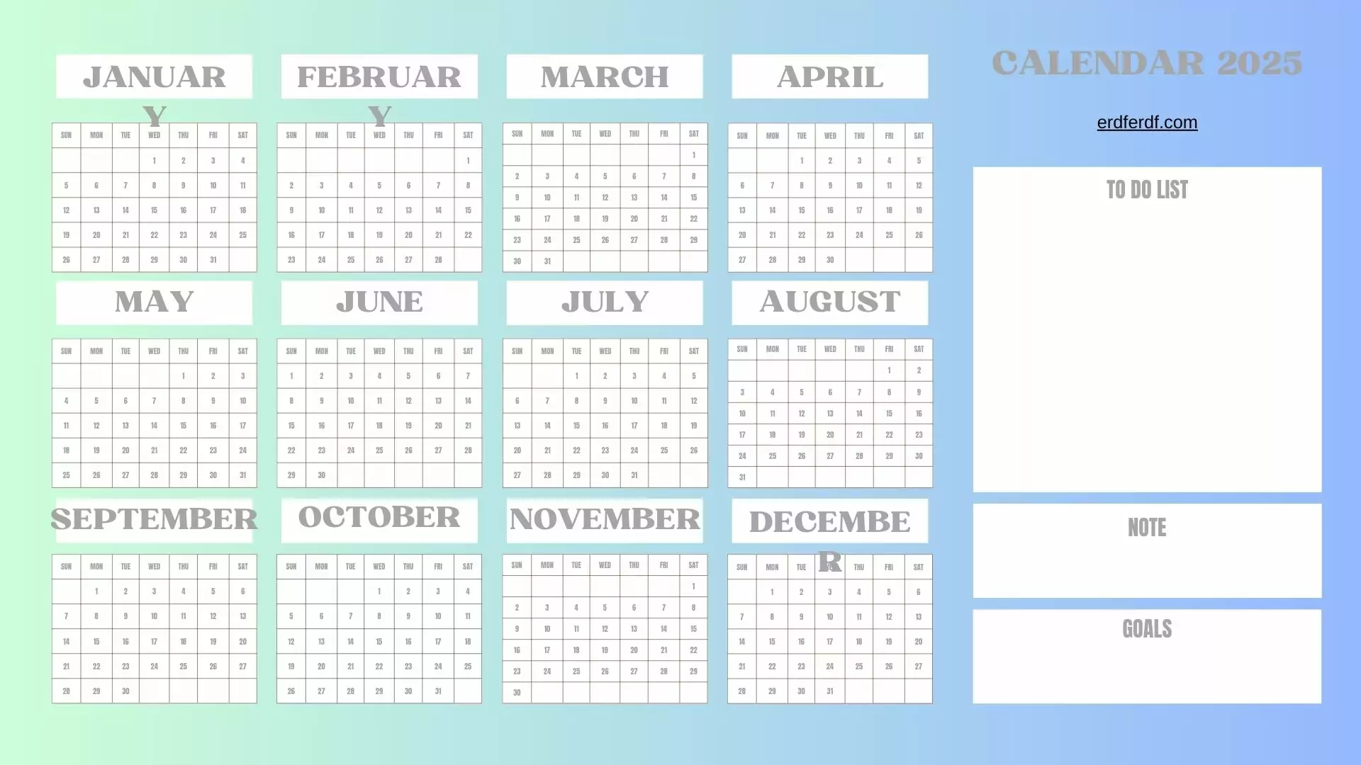 Printable 2025 yearly calendar with space for goals, notes, and to do lists