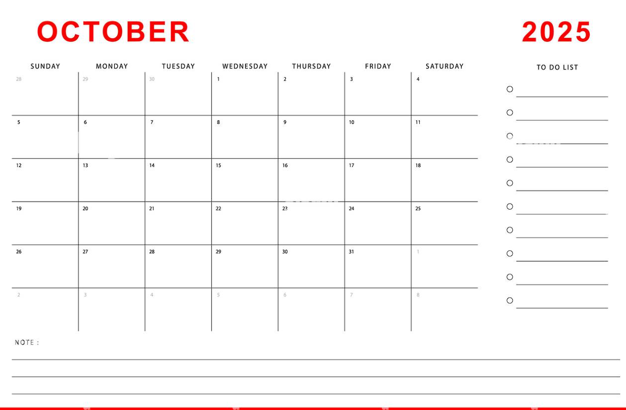 Printable October 2025 calendar JPG template with holidays and notes section for monthly planning