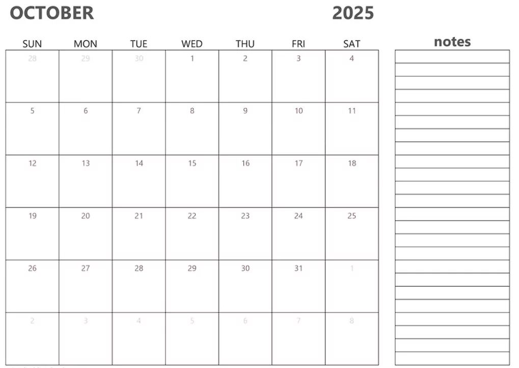 october 2025 Calendar Printable Template in Landscape Format