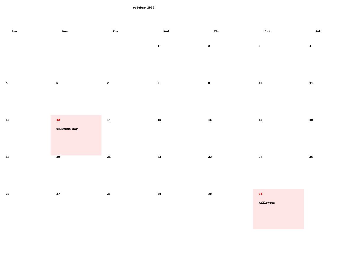 October 2025 calendar with holidays printable in JPG format, featuring Columbus Day and Halloween.