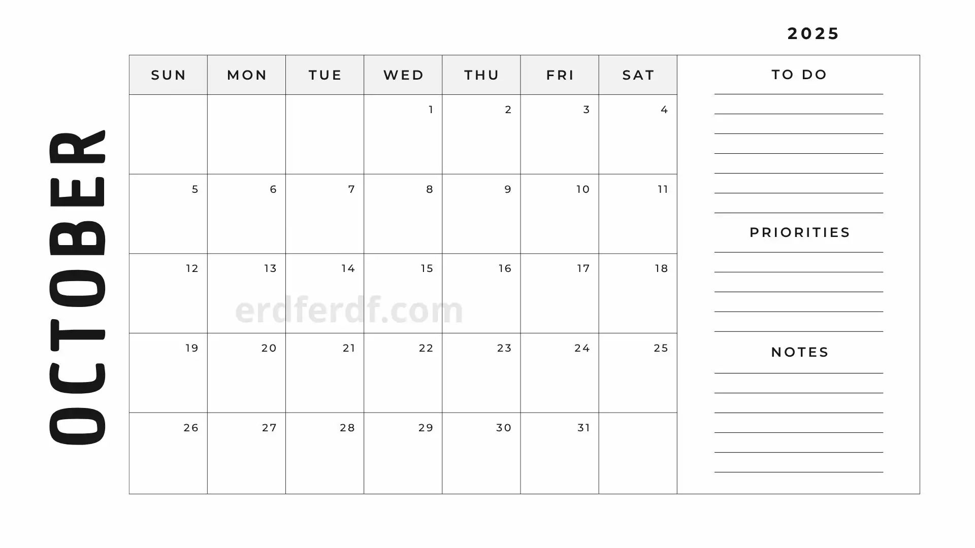 Blank October 2025 calendar with notes for personal and work planning