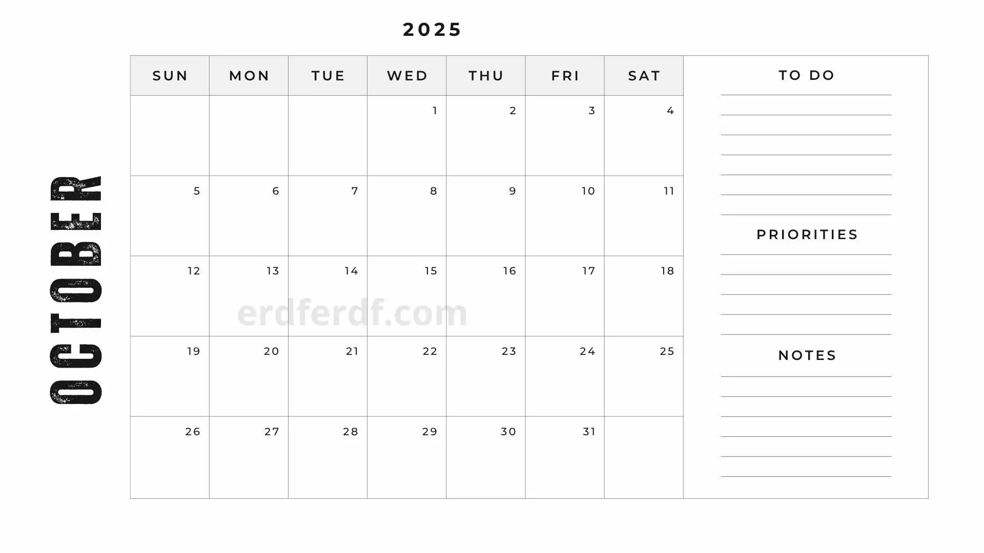Colorful October 2025 calendar picture with notes section for home and office use